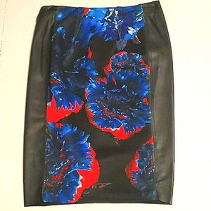 ZARA Vegan Leather Floral Print Panel Bodycon Pencil Skirt Size Small